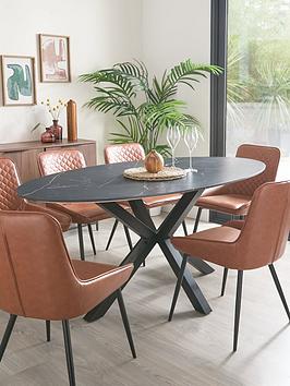Product photograph of Very Home Sorena Ceramic Top Dining Table With 6 Tan Chairs from very.co.uk