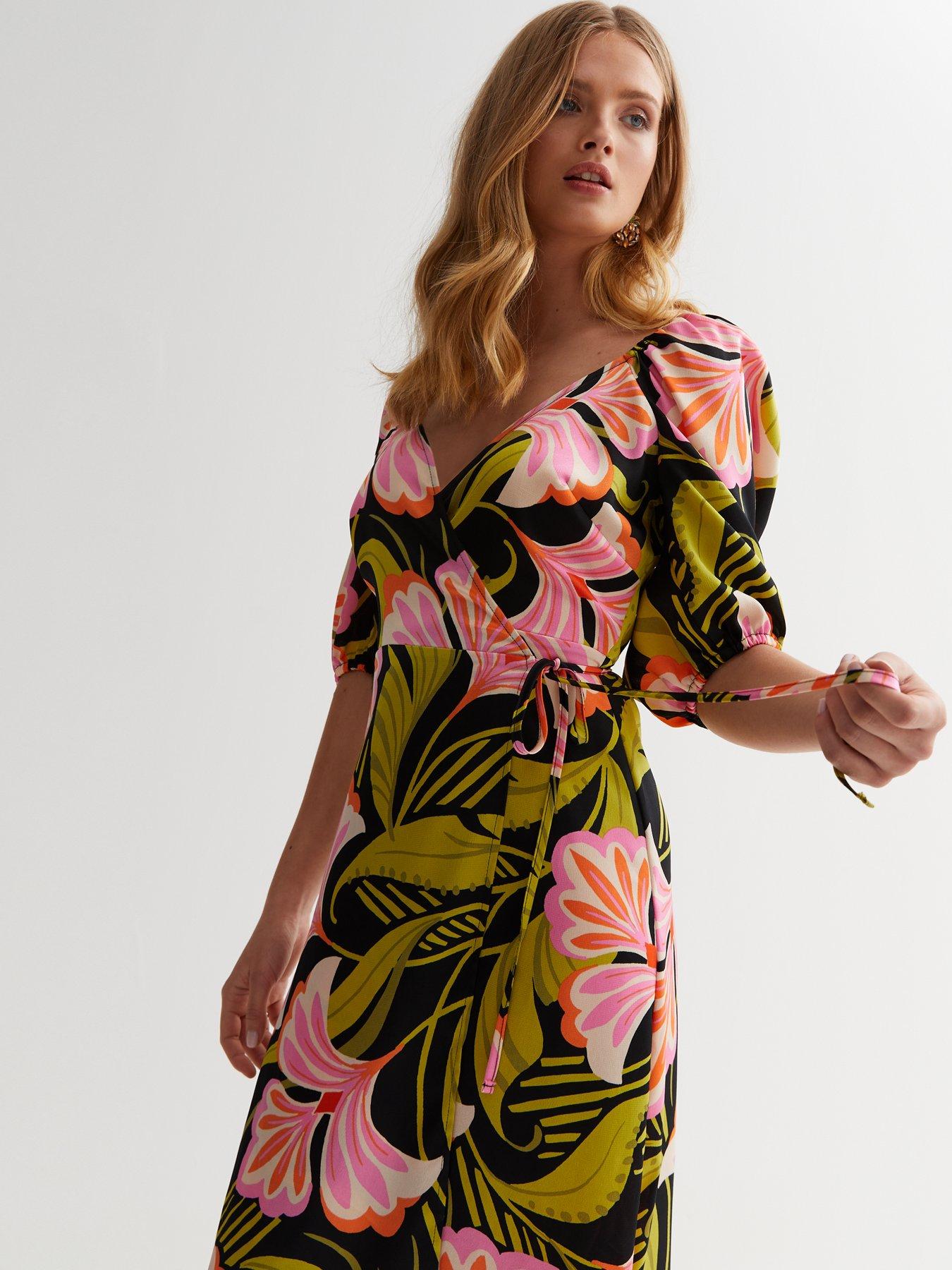 New Look Black Tropical Floral Satin Puff Sleeve Wrap Midi Dress | Very ...