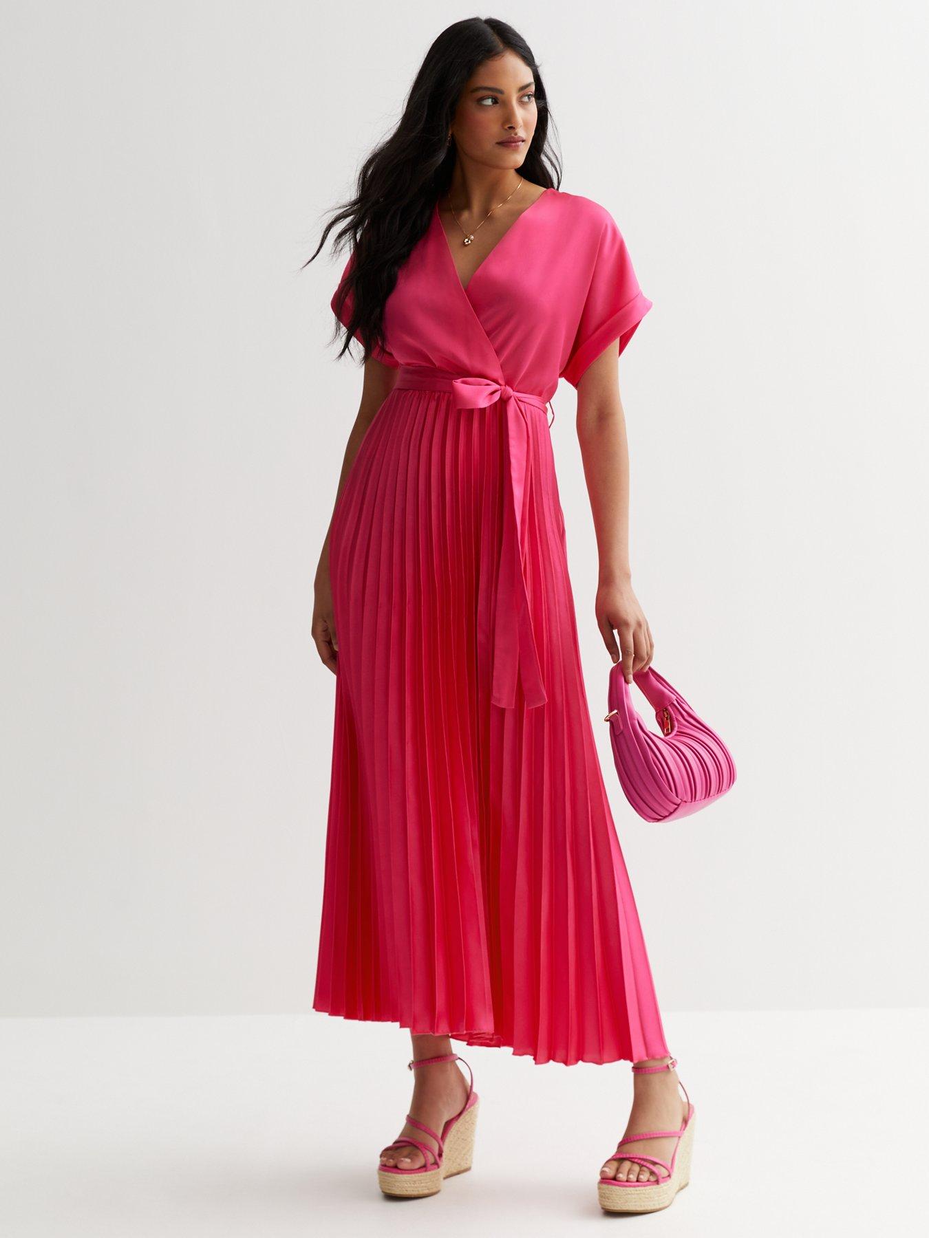 New Look Satin Pleated Midi Wrap Dress Dark Pink