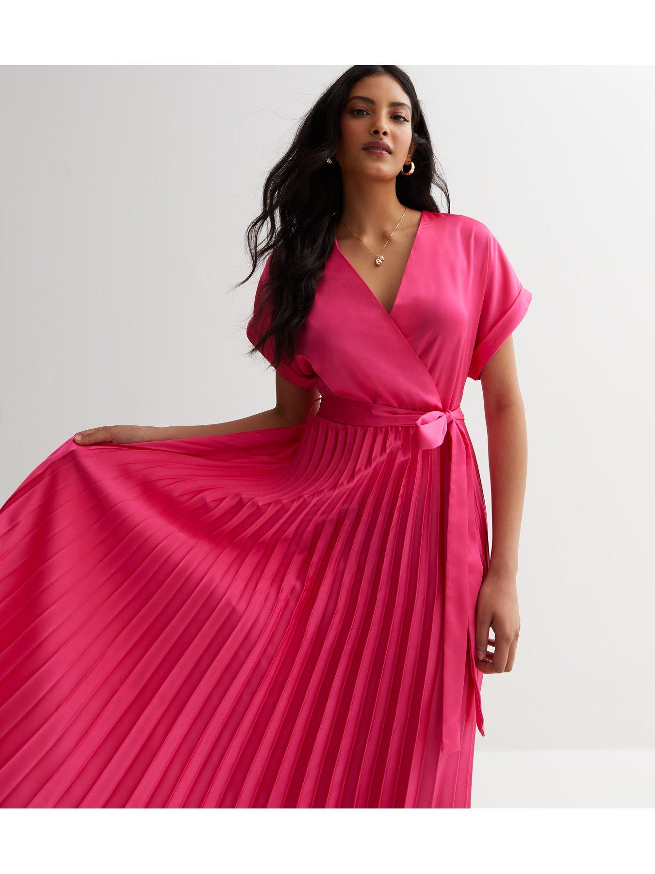 New Look Satin Pleated Midi Wrap Dress Dark Pink Very