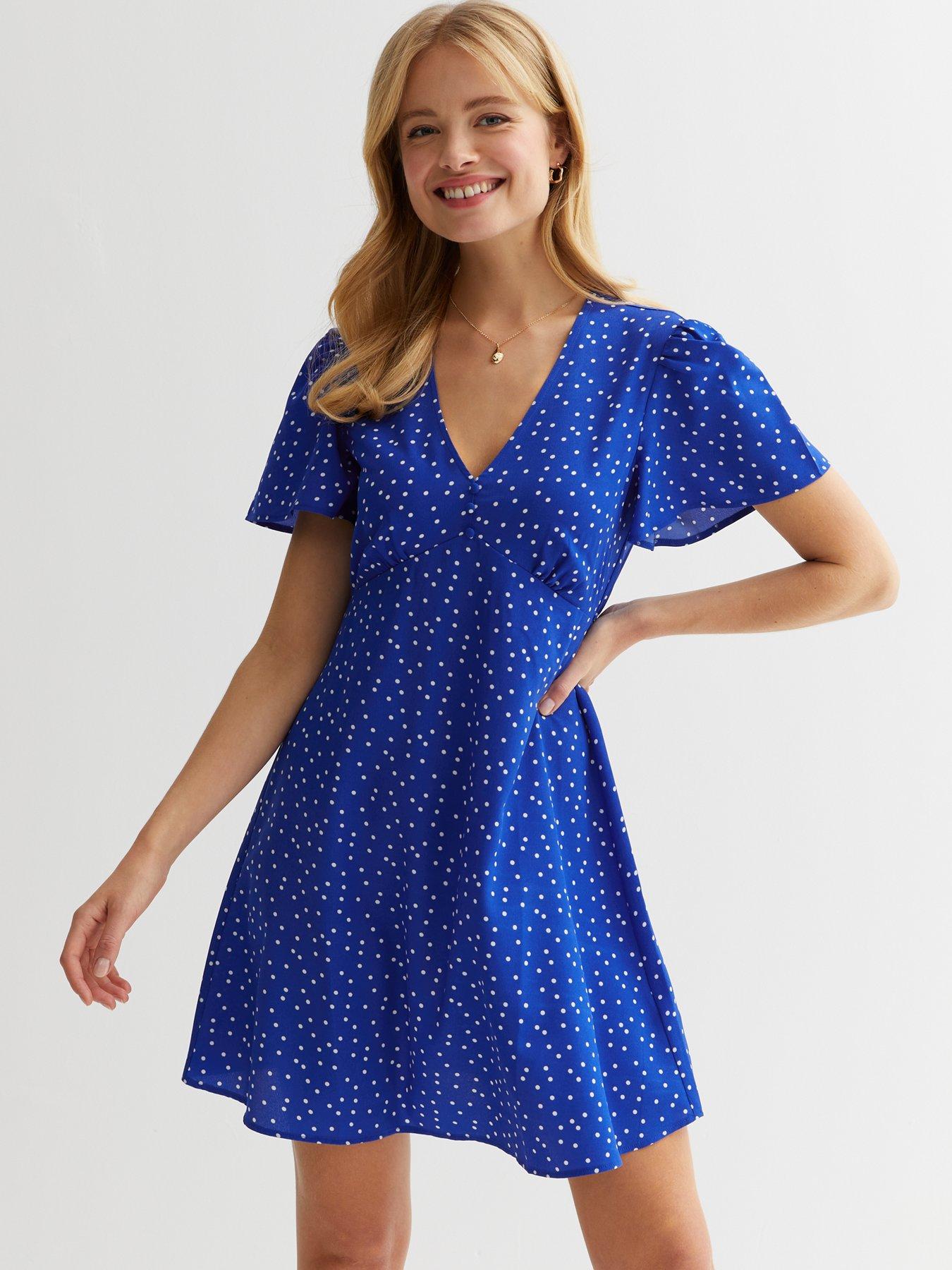 New Look Blue Spotty V Neck Mini Dress | Very.co.uk