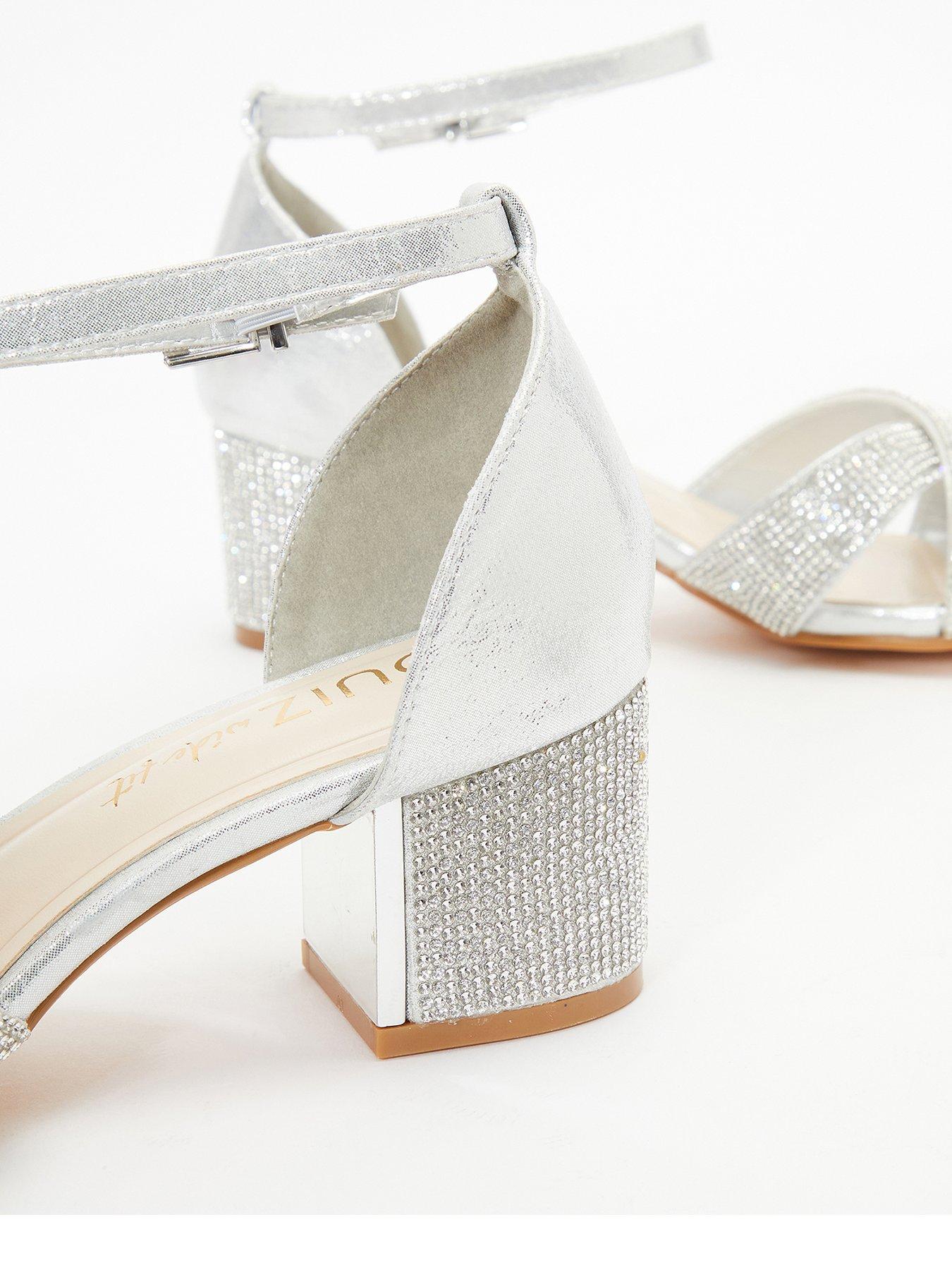 Quiz Wide Fit Shimmer Diamante Heeled Sandals - Silver | very.co.uk