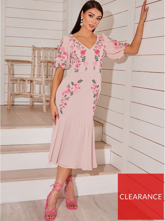 front image of chi-chi-london-floral-embroidered-midi-dress-in-pink