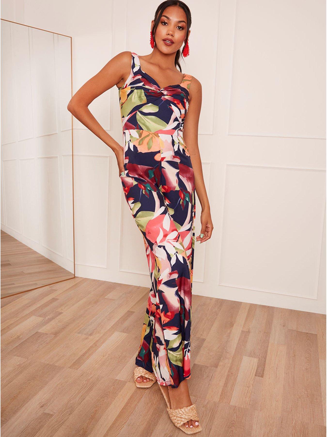 Chi Chi London Front Knot Floral Print Jumpsuit In Black