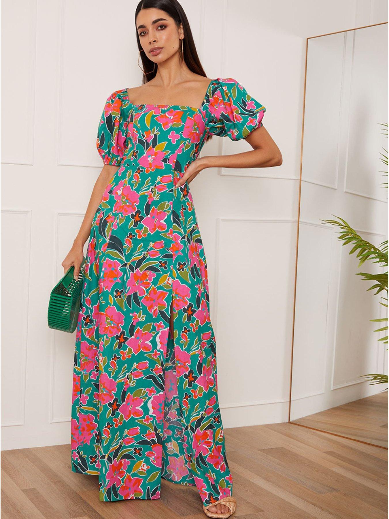 Chi Chi London Square Neck Floral Maxi Dress In Green