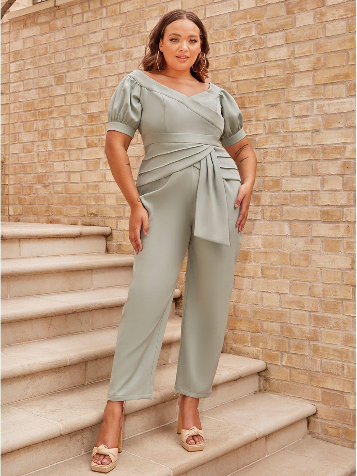 Chi Chi London Curve Puff Sleeve Bardot Jumpsuit In Green