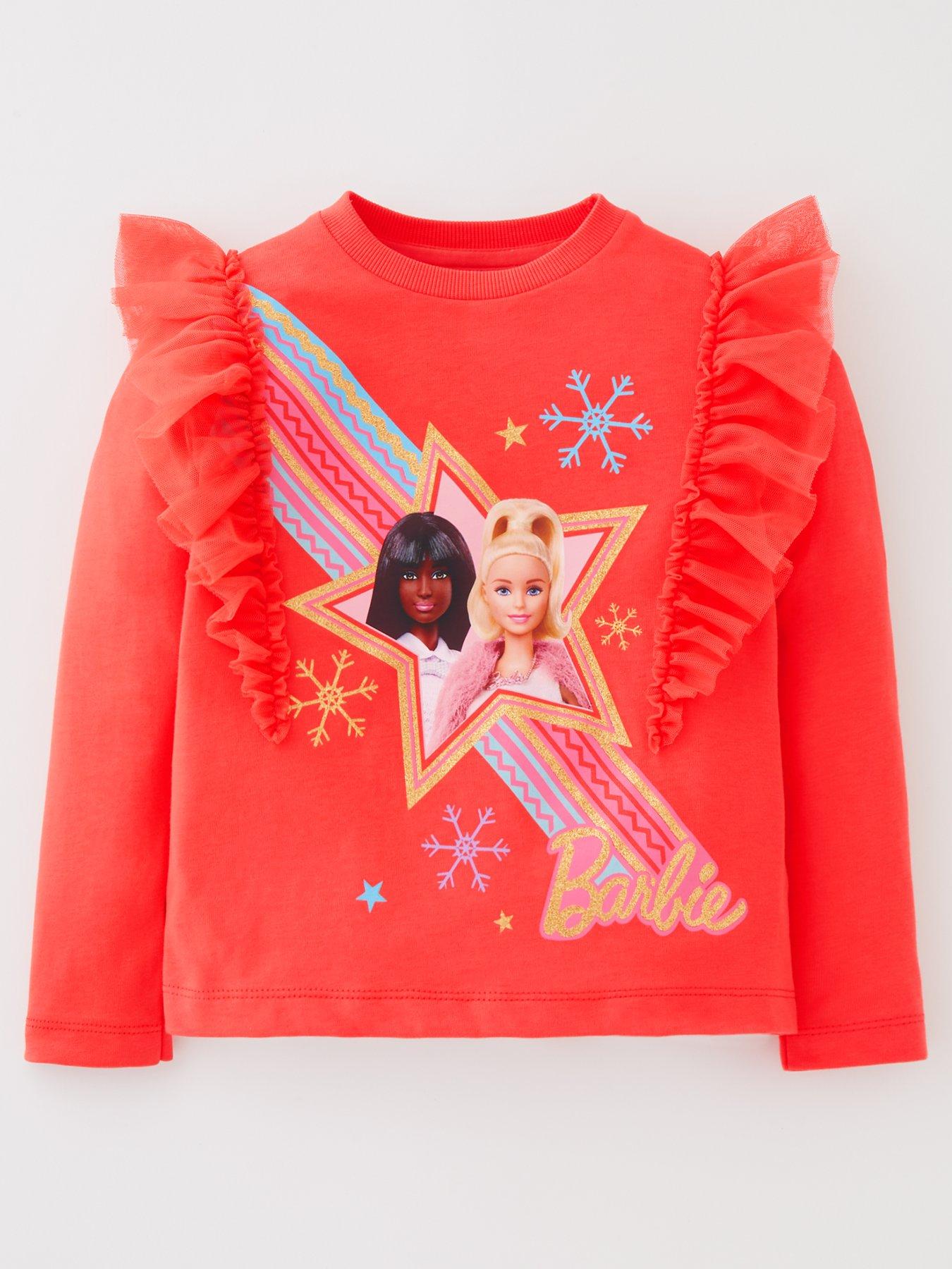 Barbie T-Shirt Girls Kids Doll Leopard Print Heart Pink Frilled