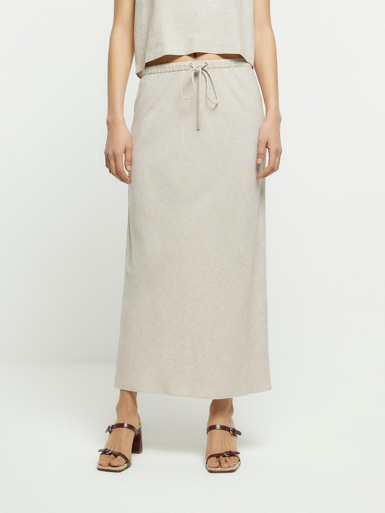 Drawcord Midi Skirt Beige