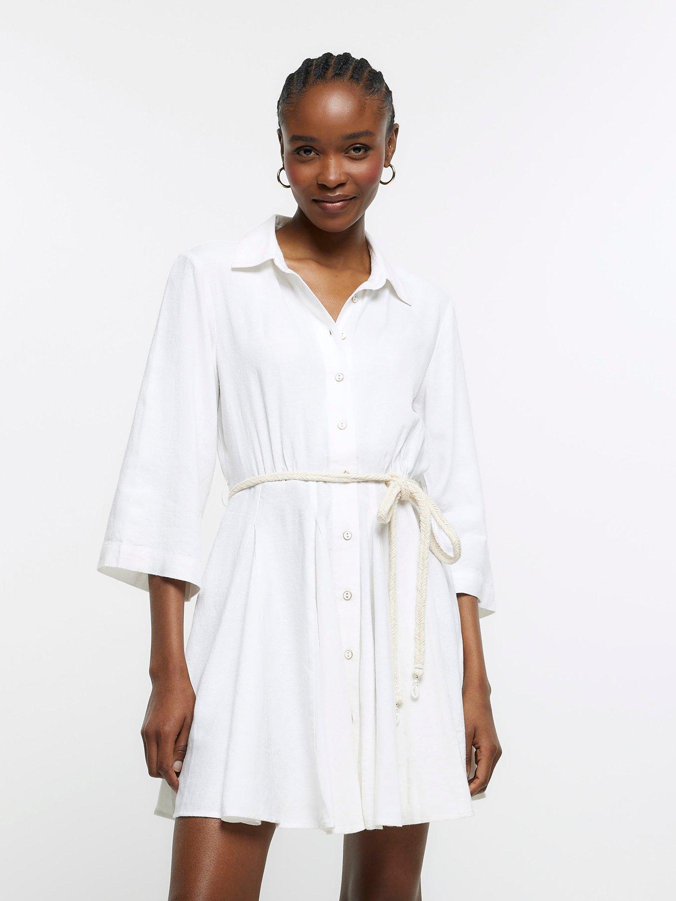 Belted Linen Shirt Dress - White