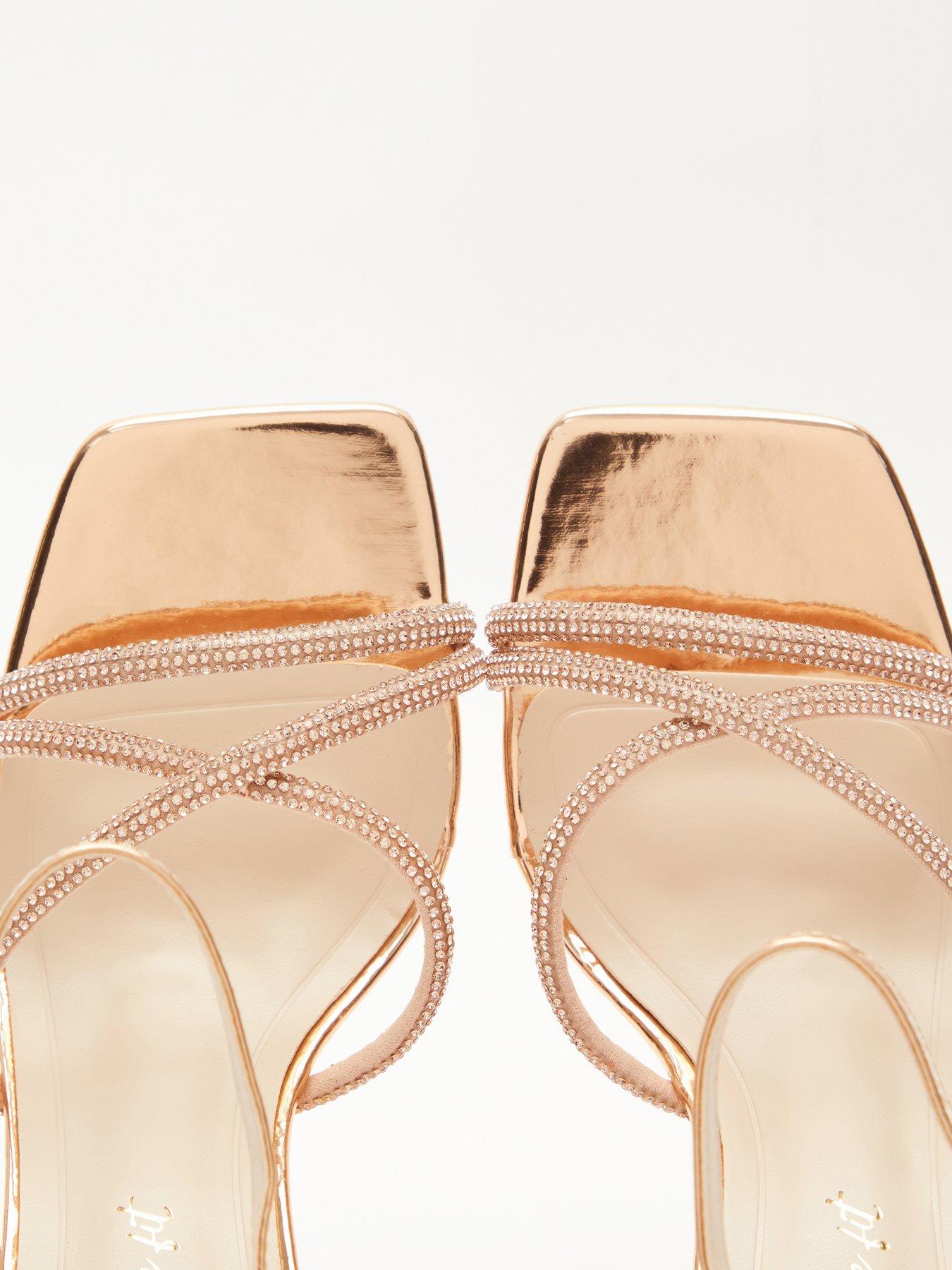 Quiz Wide Fit Diamante Cross Strap Heels Gold Very