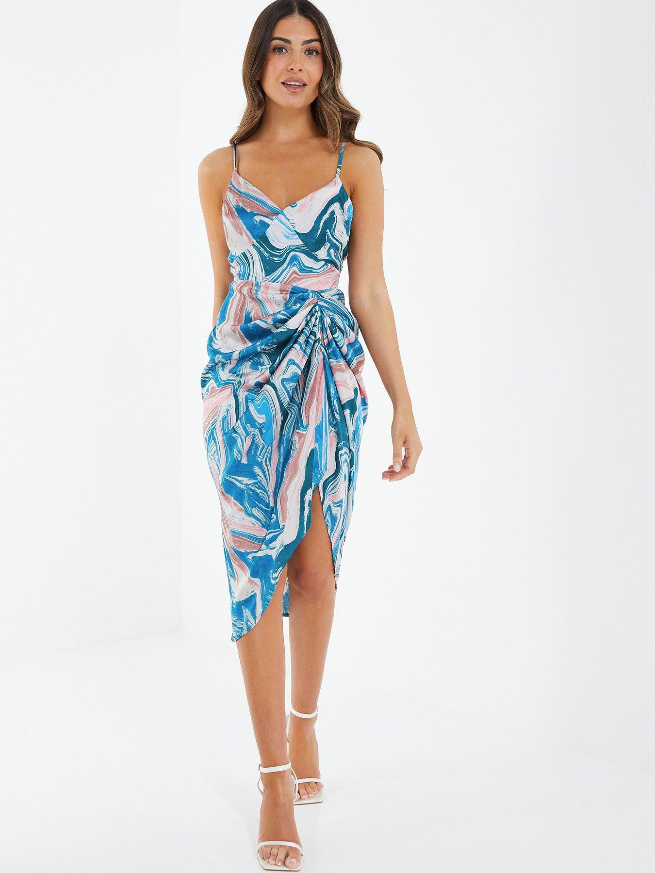 Quiz Petite Satin Marble Print Ruched Midi Dress | very.co.uk