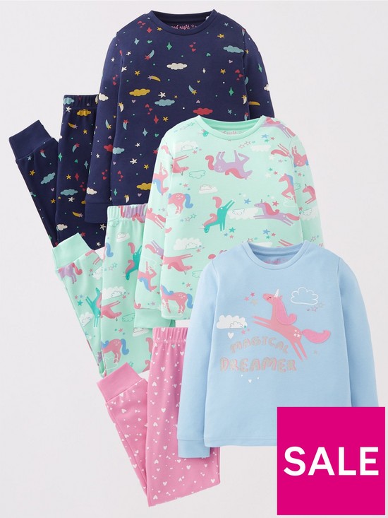 front image of mini-v-by-very-girls-3-pack-unicorn-pyjamas-multi