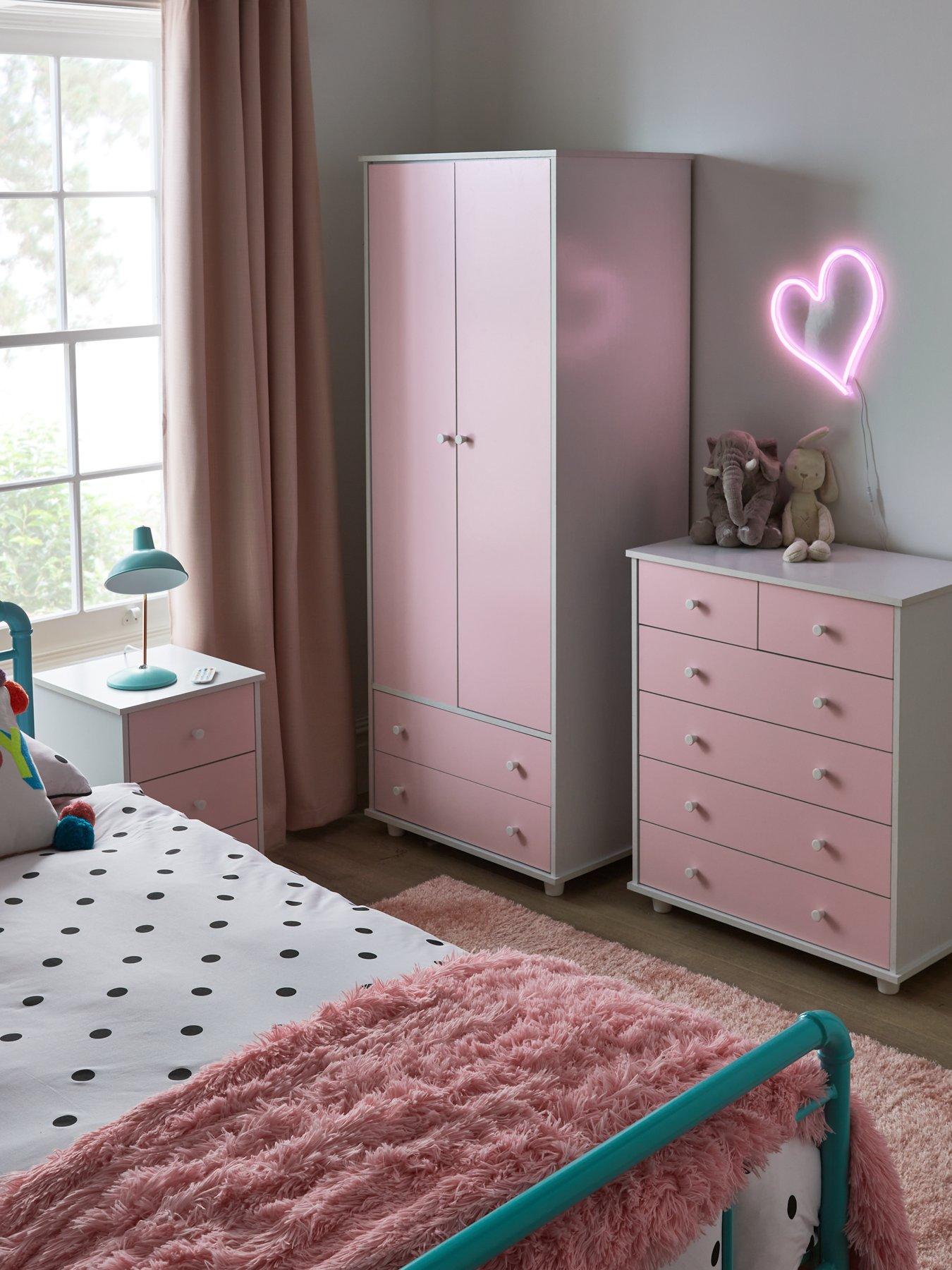 undefined Miami Fresh Kids 3 Piece Package - 2 Door, 2 Drawer Wardrobe, 5 Drawer Chest, 3 Drawer Bedside Chest - Pink