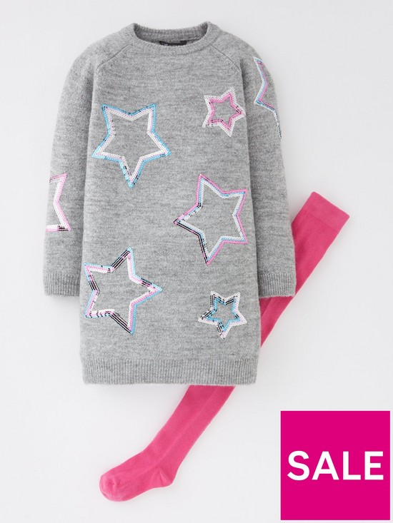 front image of mini-v-by-very-girls-sequin-star-knitted-dress-and-tights-grey