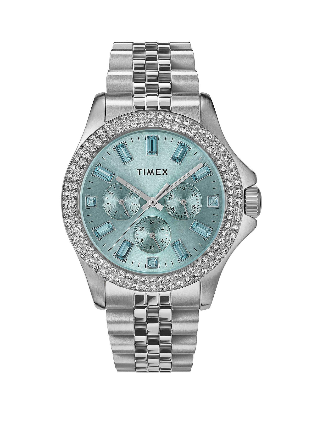 Product photograph of Timex Kaia Multifunction Silver-tone With Crystal Accents And Blue Dial Silver-tone Blue Women S Watch from very.co.uk