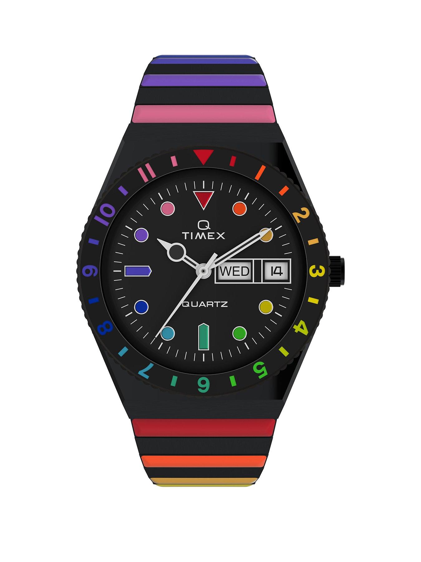 Product photograph of Timex Womens Q Rainbow Black Case And Rainbow Bracelet Black Black Women S Watch from very.co.uk