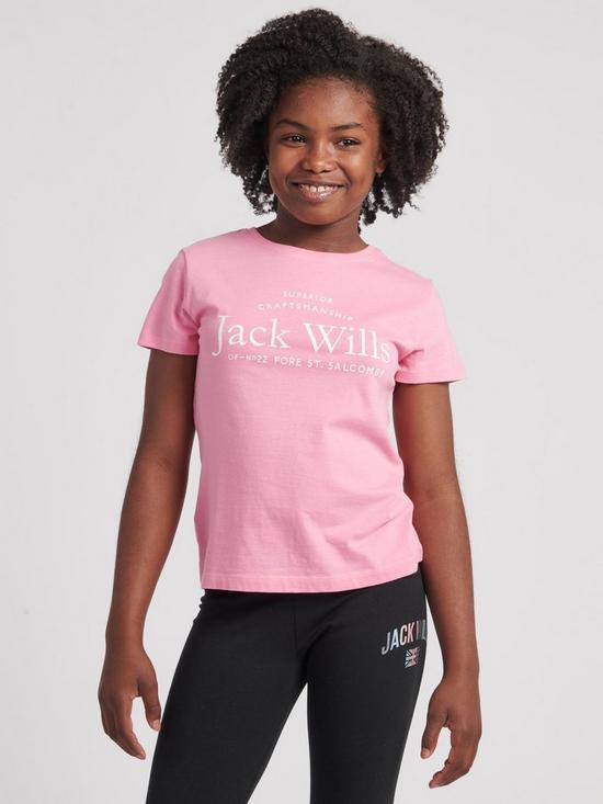 front image of jack-wills-girls-script-short-sleeve-t-shirt-sachet-pink