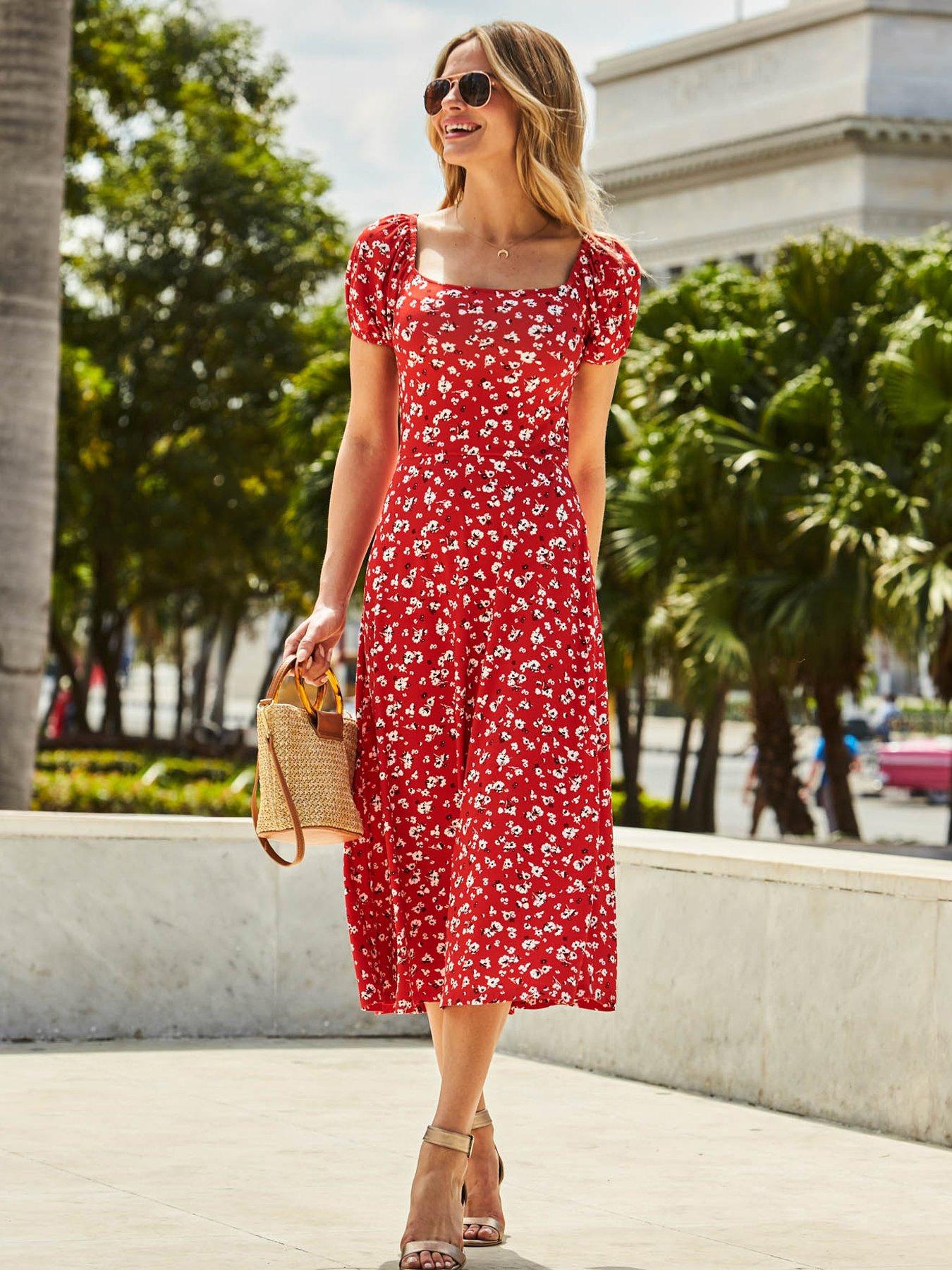 Red ditsy floral hot sale midi dress