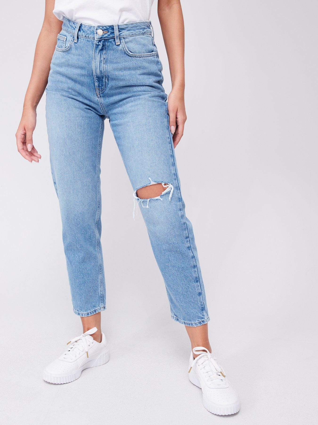 V by Very Rip High Waist Mom Jeans - Mid Wash Blue