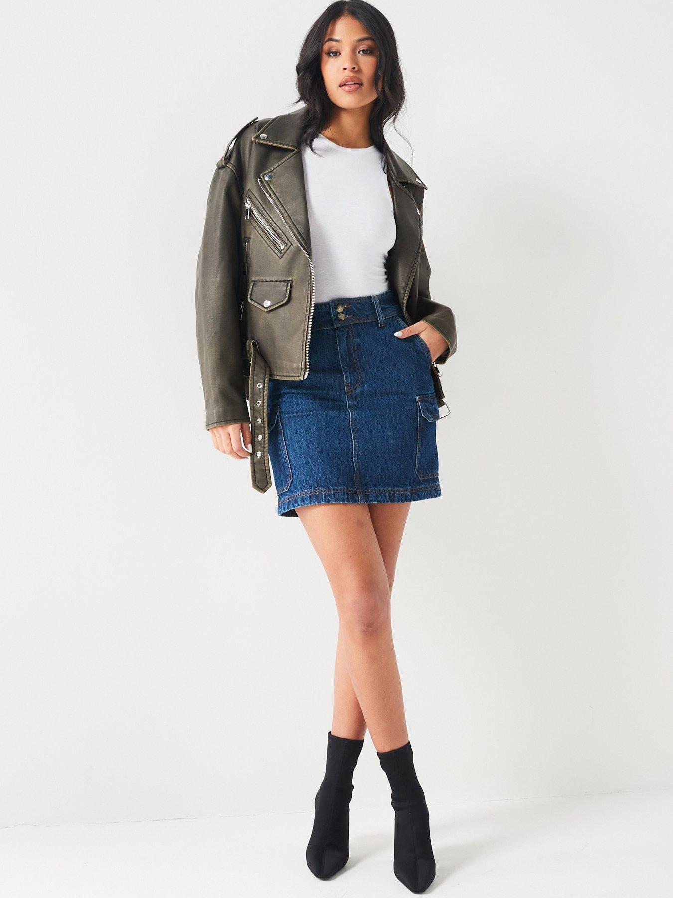 Black denim skirt and blue best sale denim jacket