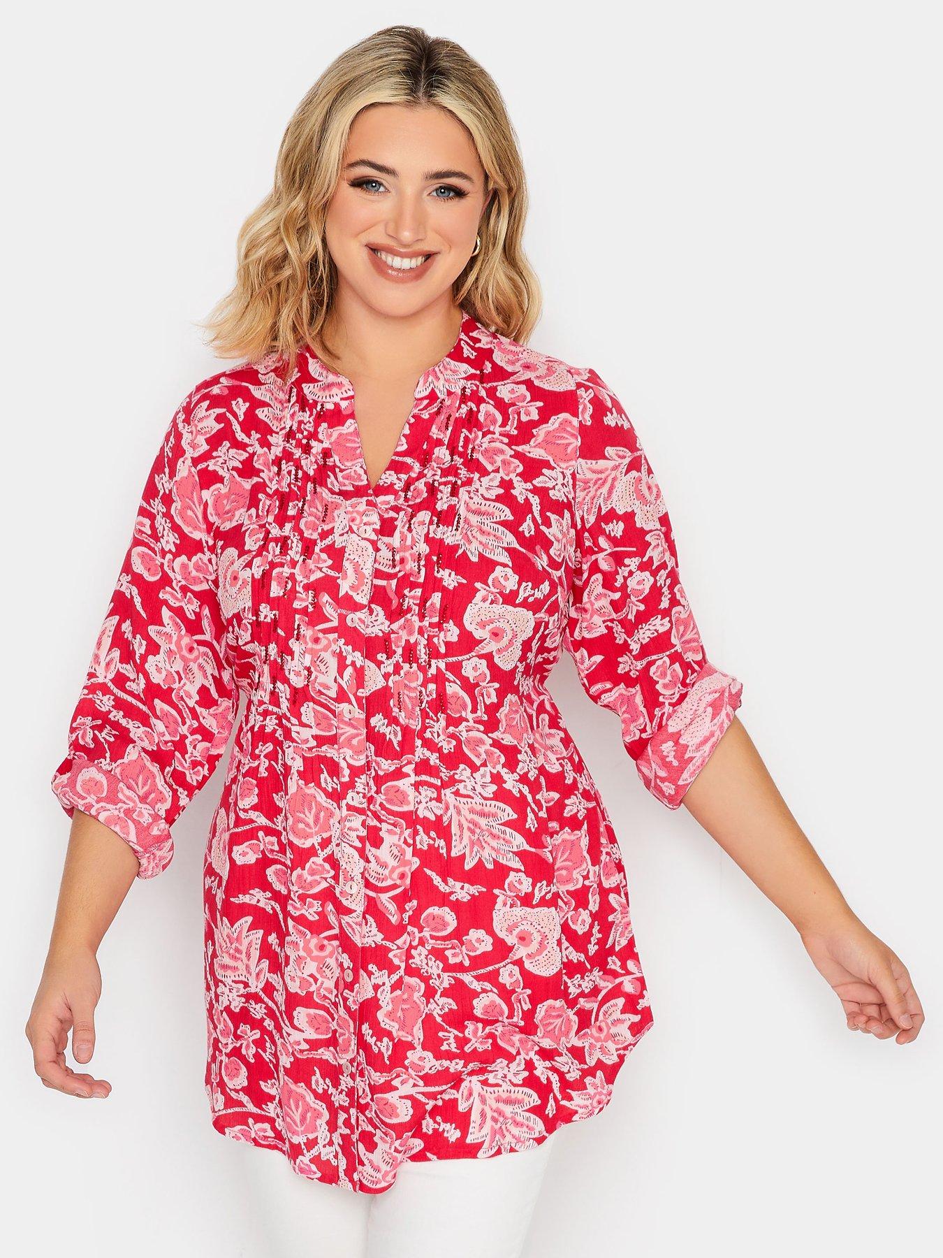 Image 1 of 4 of Yours Pintuck Floral&nbsp;Print&nbsp;Shirt -&nbsp;Pink&nbsp;