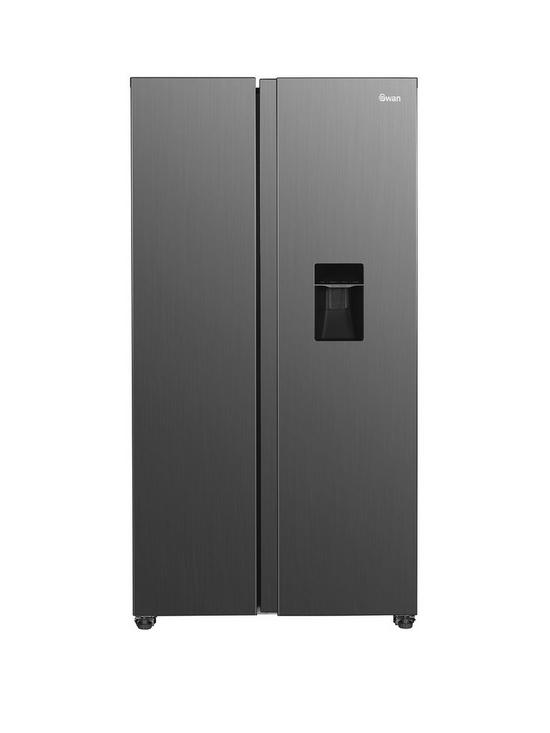 front image of swan-sr156110i-91cm-wide-total-no-frost-american-style-fridge-freezer-with-water-dispenser-inox