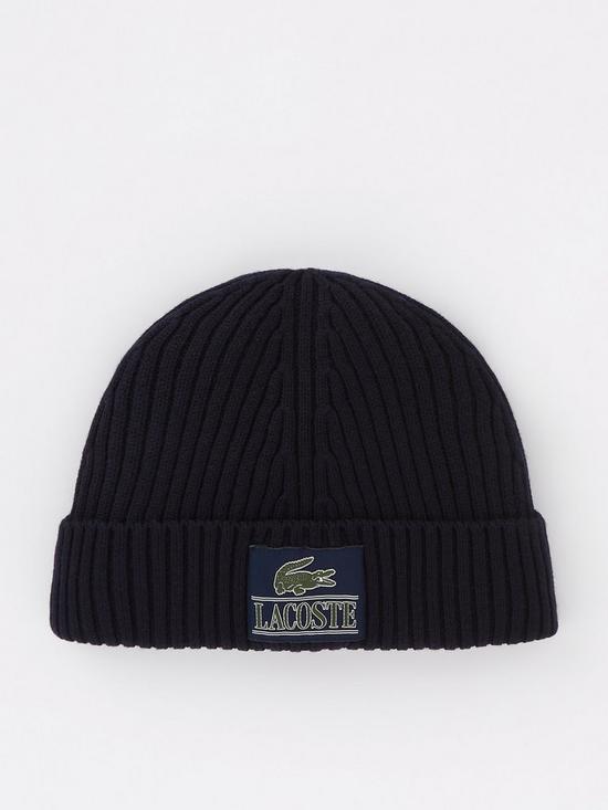 front image of lacoste-core-graphic-beanie-hat-dark-blue