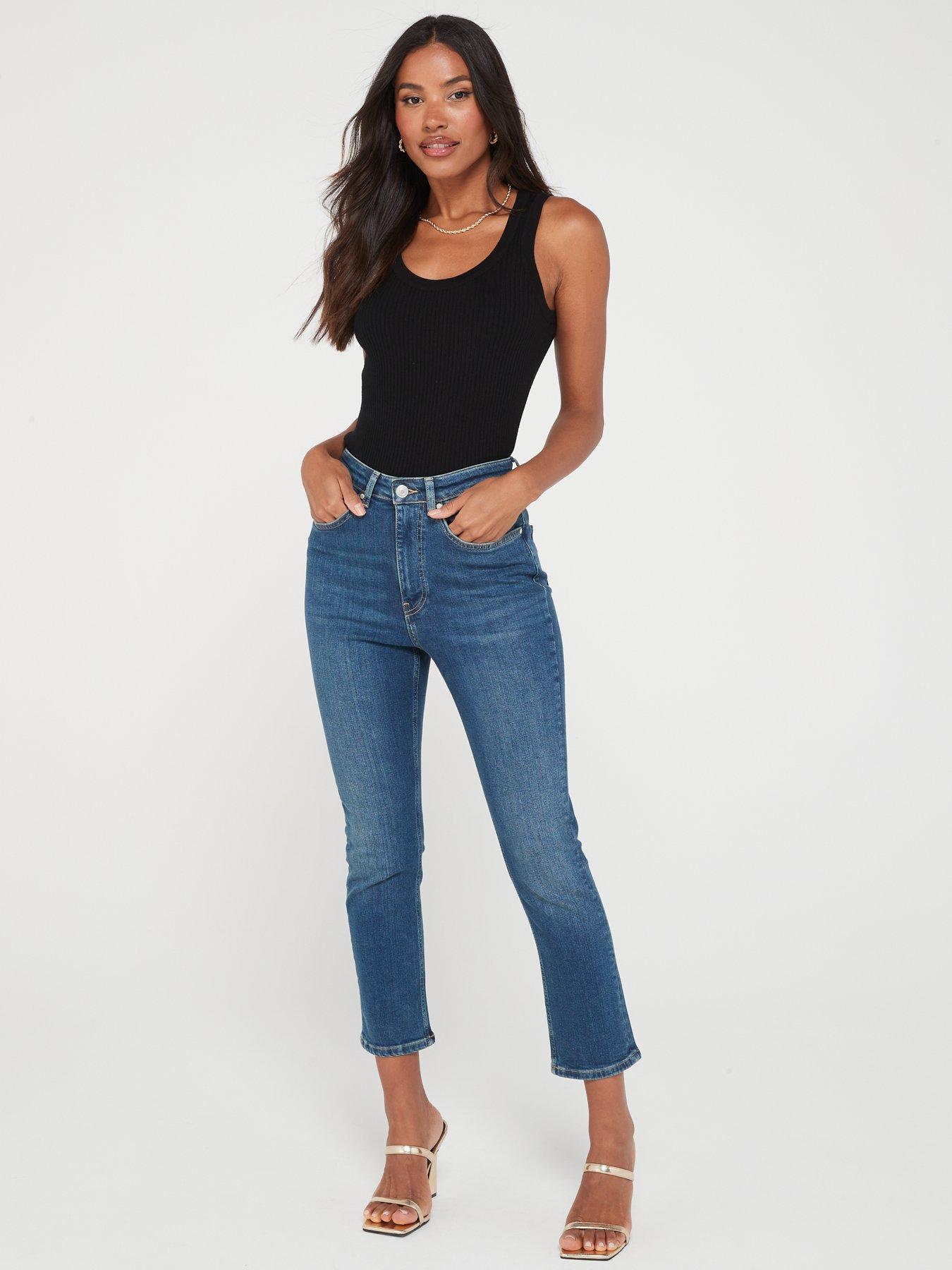 High Waist Straight Crop Jeans Dark Wash Blue