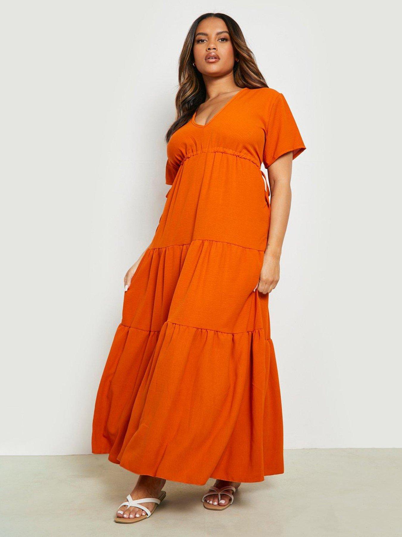 Boohoo Curve Tie Detail Tiered Maxi Dress - Rust