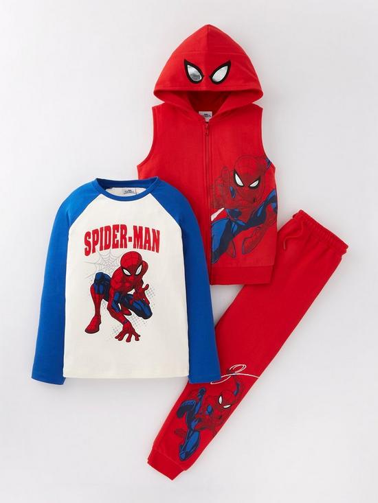 front image of spiderman-3-piece-gilet-top-and-jogger-set-red