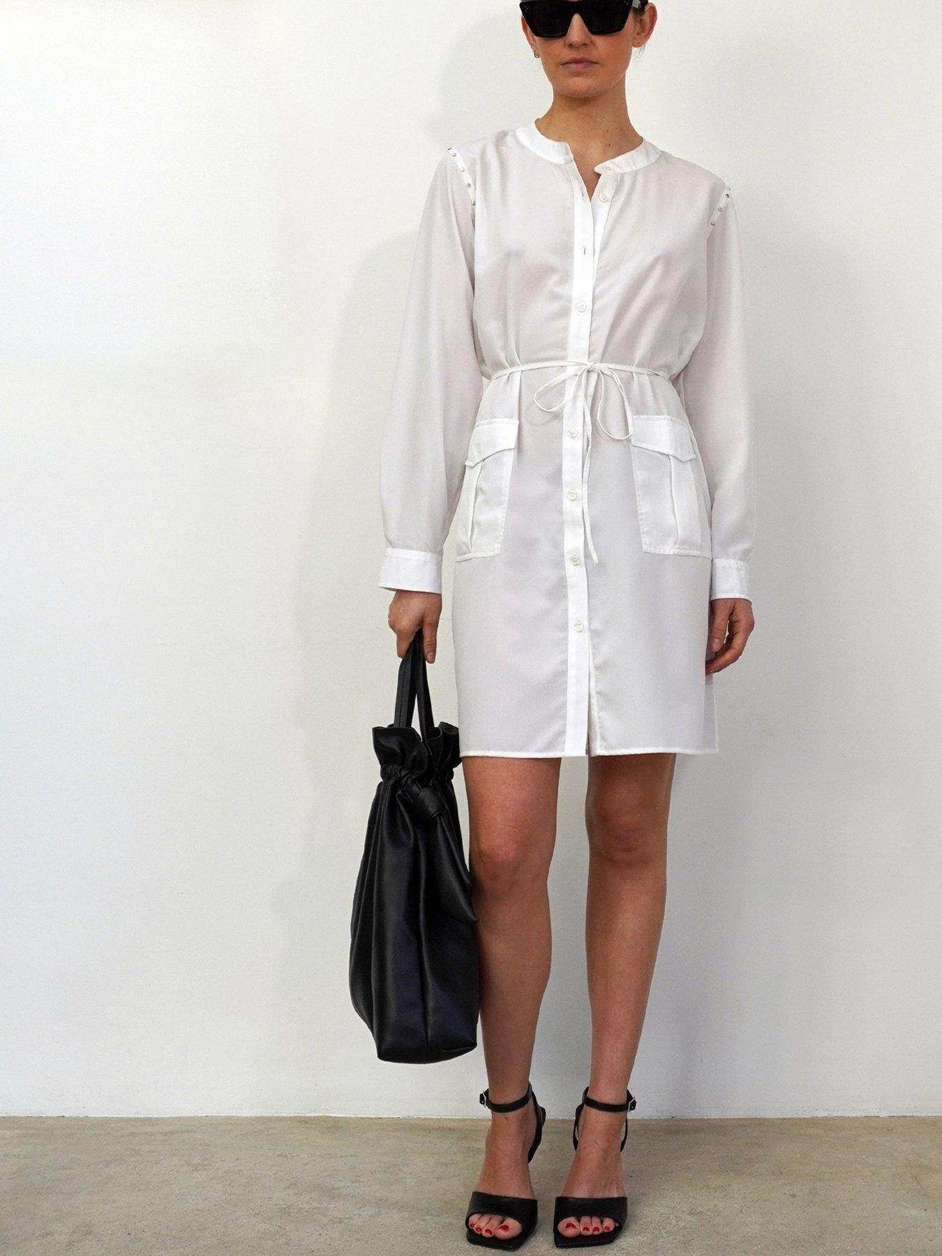 Religion Long Sleeve Pocket Detail Tunic Shirt Dress White