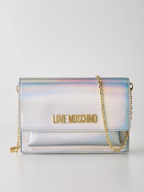 front image of love-moschino-holographic-flap-over-cross-body-bag-silver