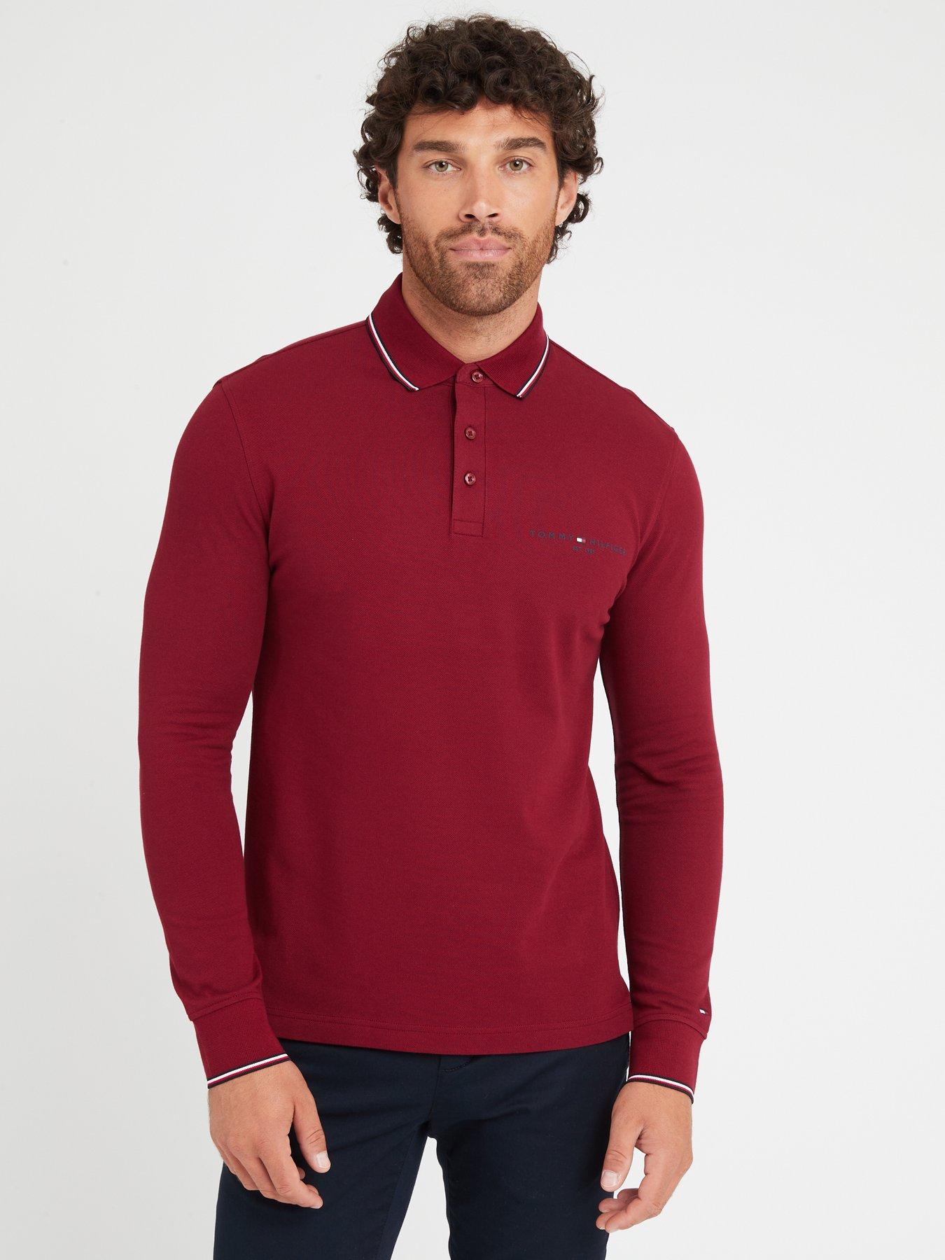 Tommy Hilfiger Tipped Place Long Sleeve Slim Polo Shirt - Red | very.co.uk