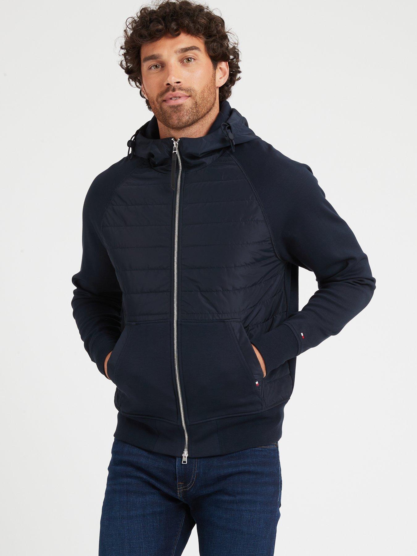 Mix Media Hooded Zip Through Sweat Top Navy