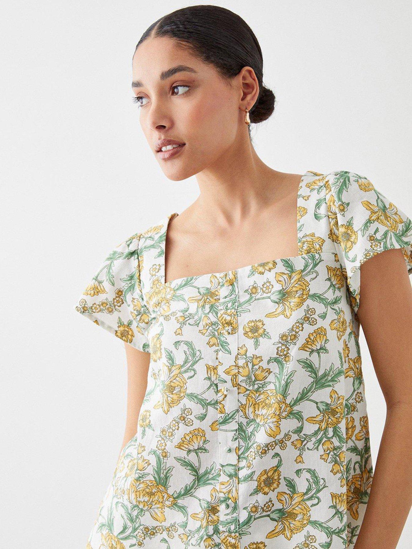 Floral Linen Look Button Front Blouse Yellow