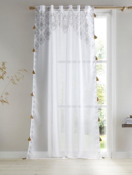 front image of pineapple-elephant-ariana-tassel-tab-top-voile-curtain