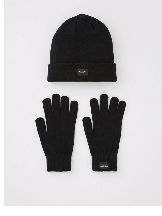 front image of jack-jones-jack-amp-jones-knit-hat-amp-gloves-gift-set-black
