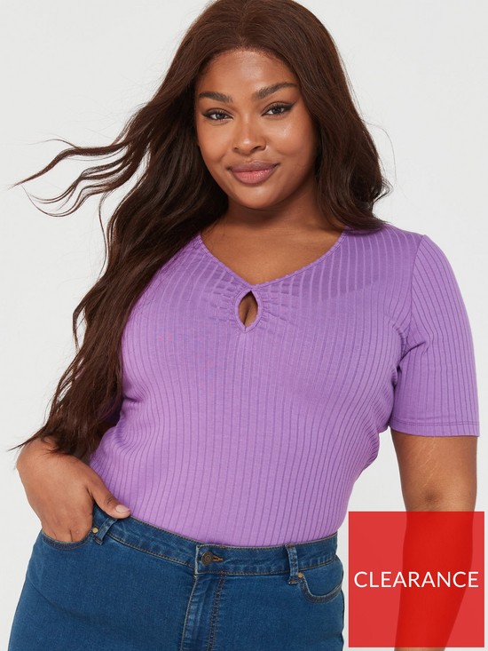 front image of v-by-very-curve-keyhole-half-sleeve-rib-top-purple