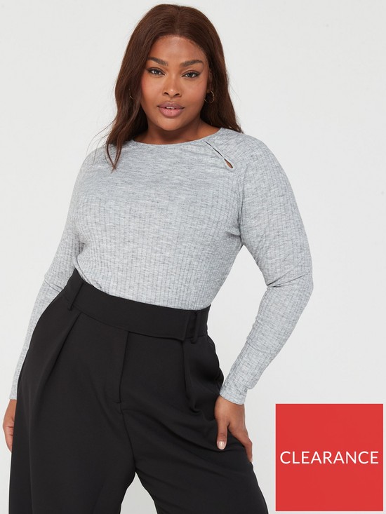 front image of v-by-very-curve-cut-out-rib-long-sleeve-jersey-top-grey