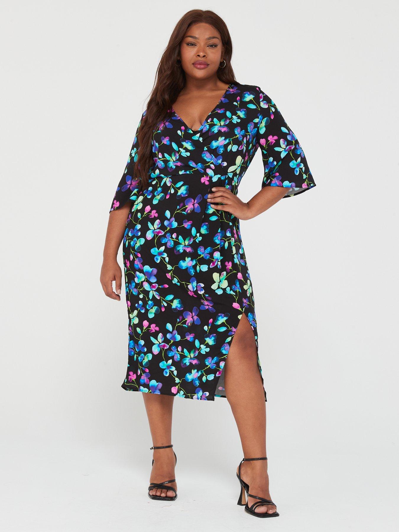 Curves Pink Floral Ruched Midi Wrap Dress