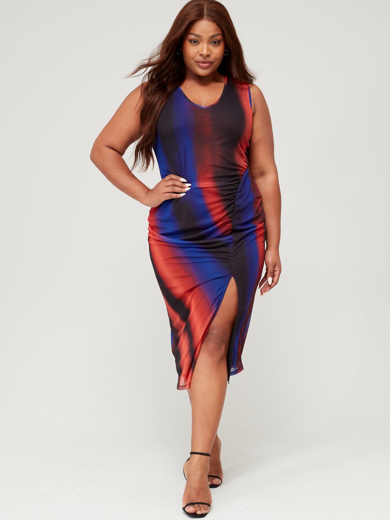 V by Very Curve Ombre Stripe Printed Mesh V Neck Sleeveless Midi