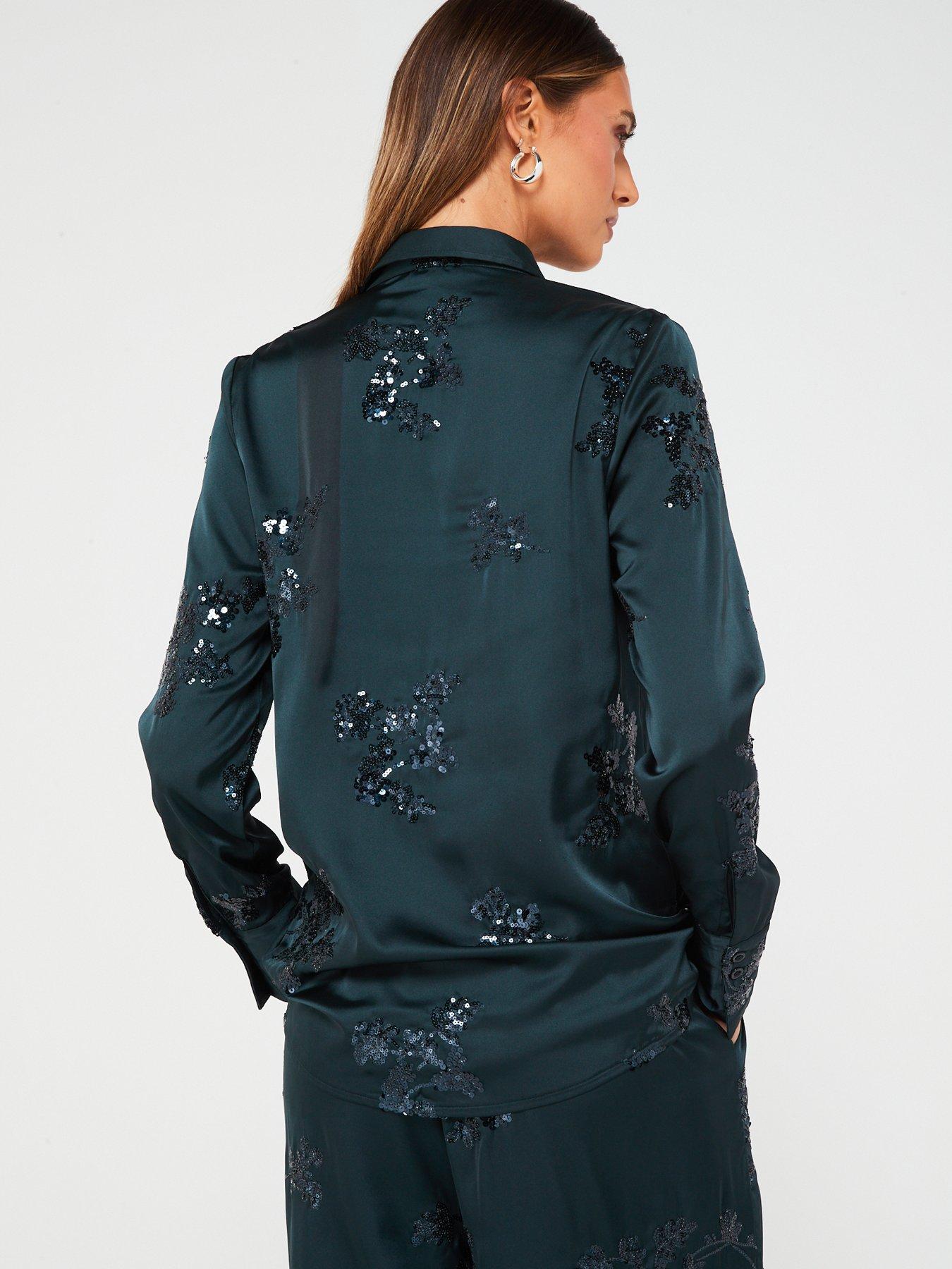 Fig & Basil Satin Sequin Coord Shirt Dark Green very.co.uk