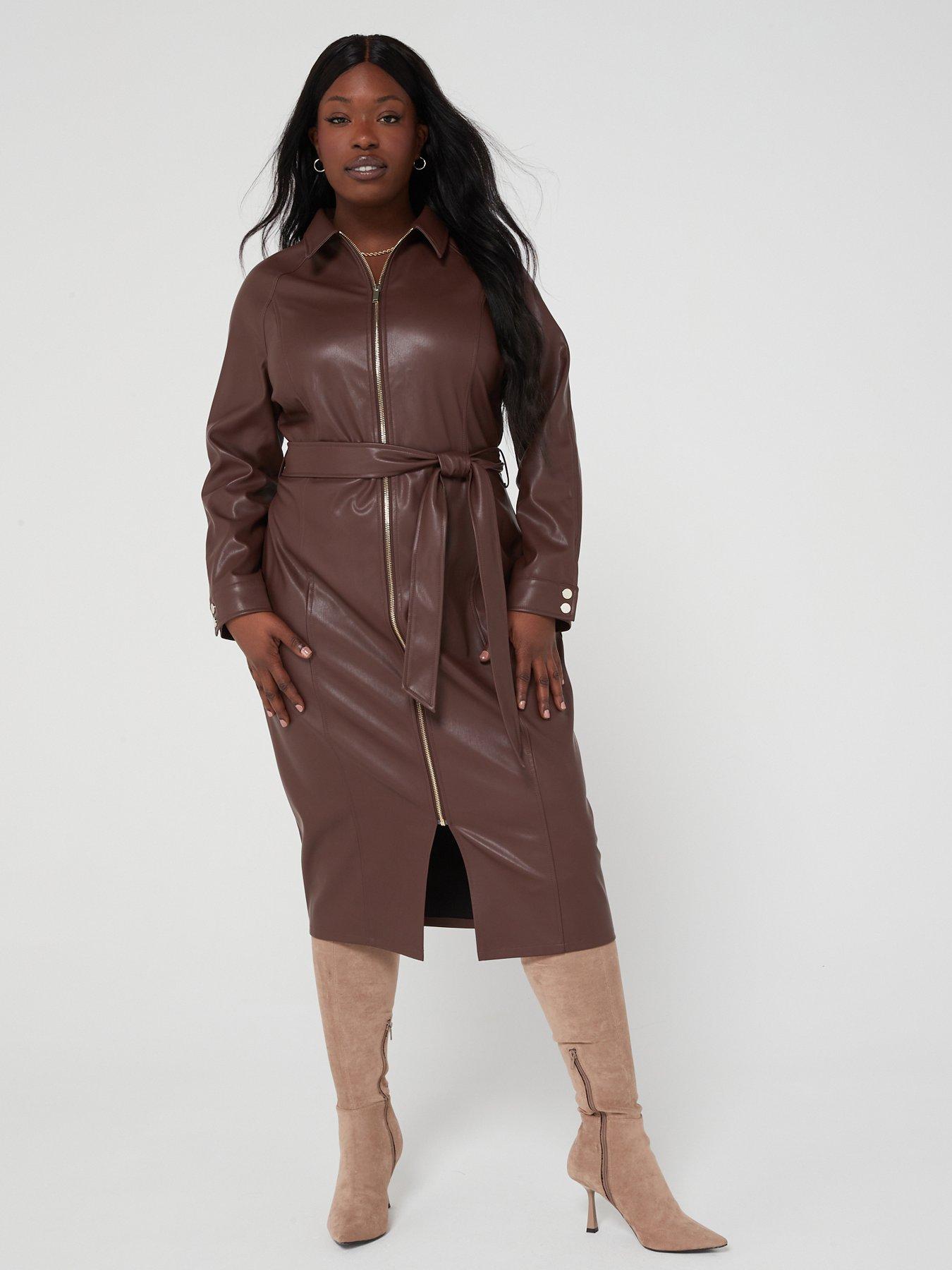 V by Very Curve Pu Belted Zip Midi Dress Brown very