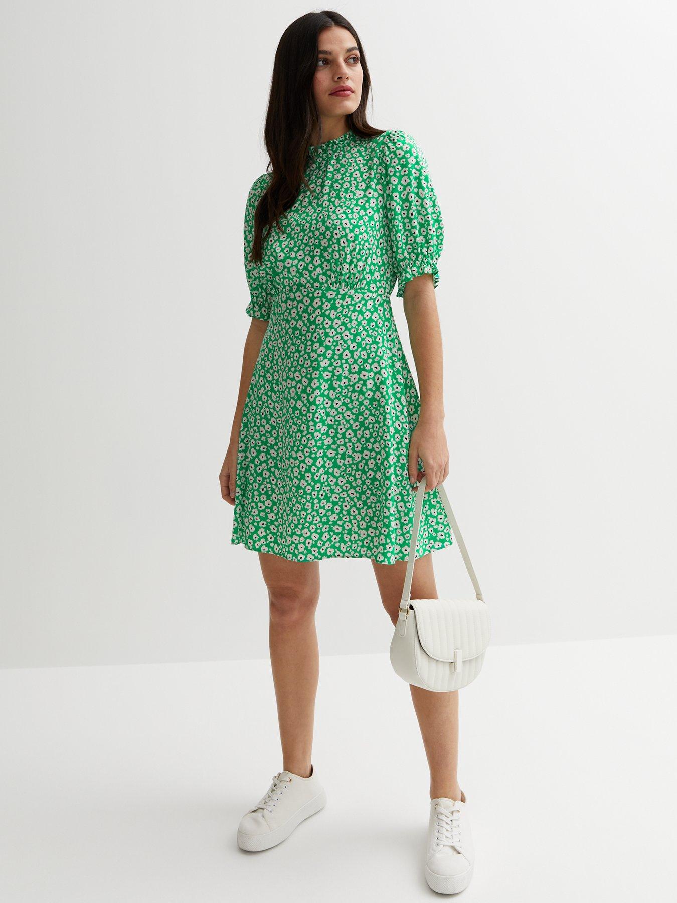 New Look Green Floral Frill Puff Sleeve Mini Dress | Very.co.uk