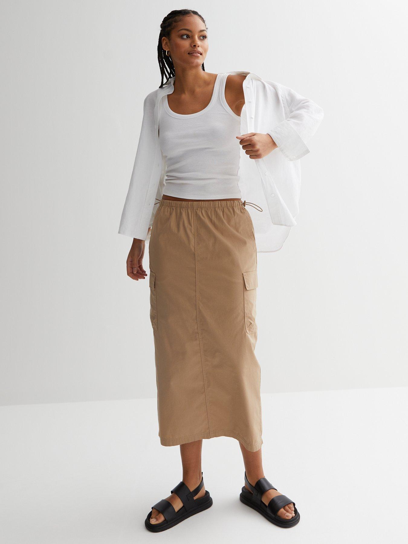 New Look Stone Cargo Pocket Parachute Midaxi Skirt | Very.co.uk