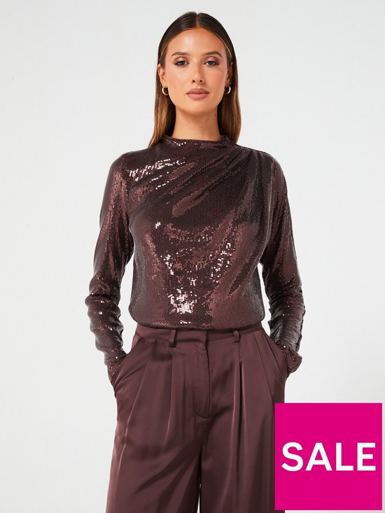 front image of fig-basil-ls-sequin-gathered-blouse