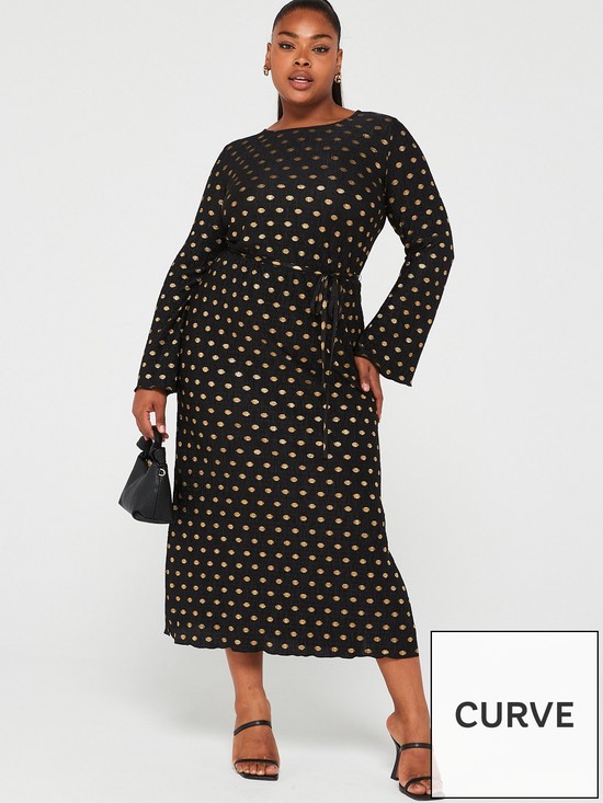 front image of v-by-very-curve-polka-dot-foil-plisse-long-sleeve-dress-black