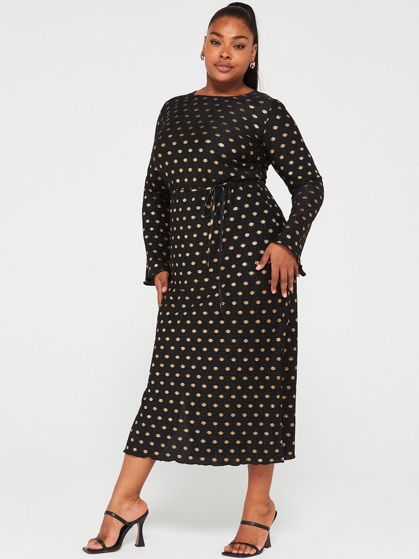 V by Very Curve Polka Dot Foil Plisse Long Sleeve Dress Black Very