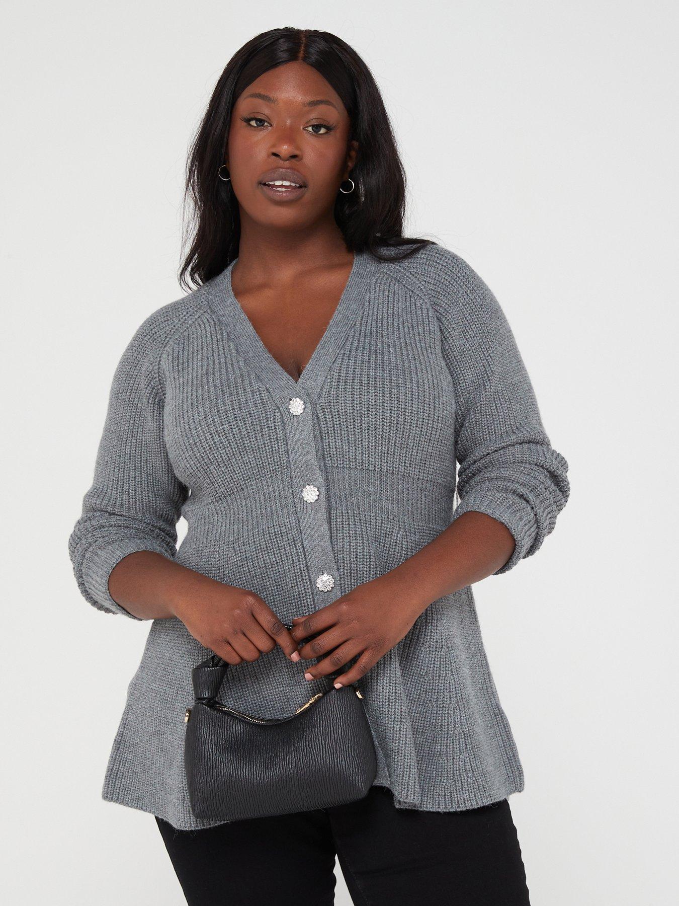 V by Very Curve Peplum Jewel Button Cardigan - Grey