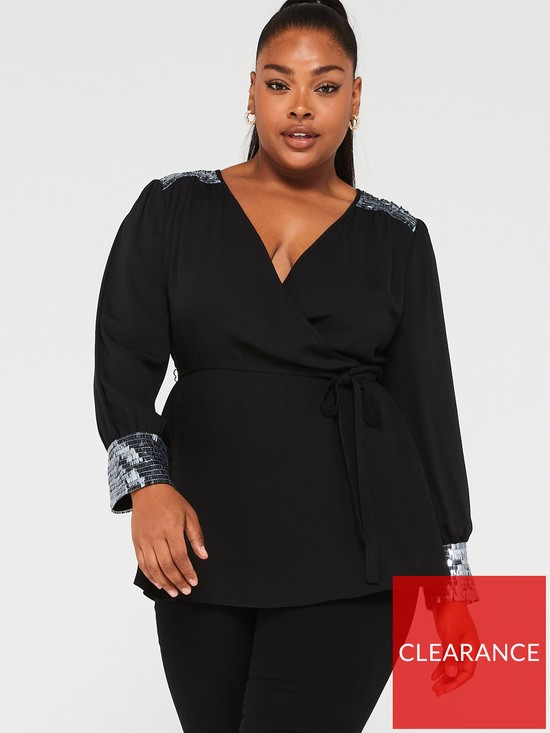 front image of v-by-very-curve-sequin-belted-peplum-wrap-blouse-black